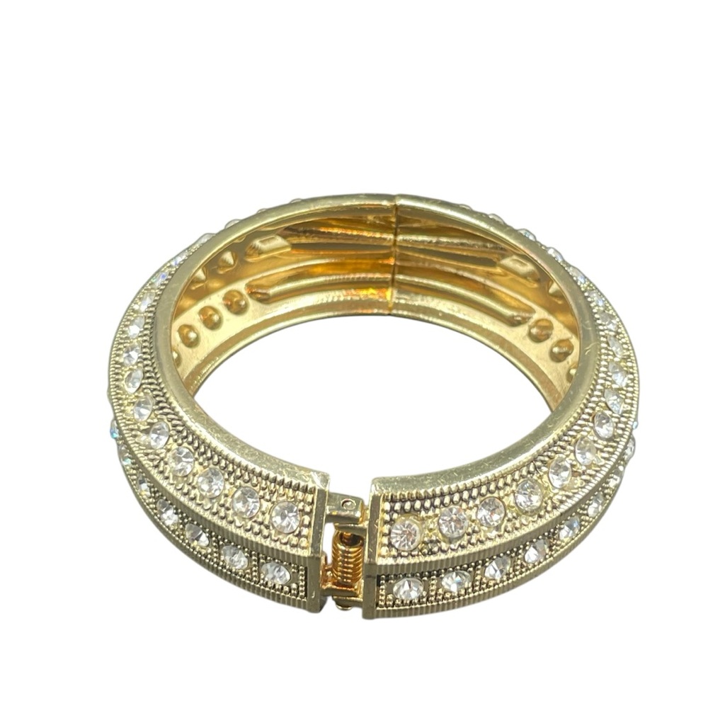Elegant Gold and Crystal Thick Hinged Bangle Bracelet - Picture 4 of 4
